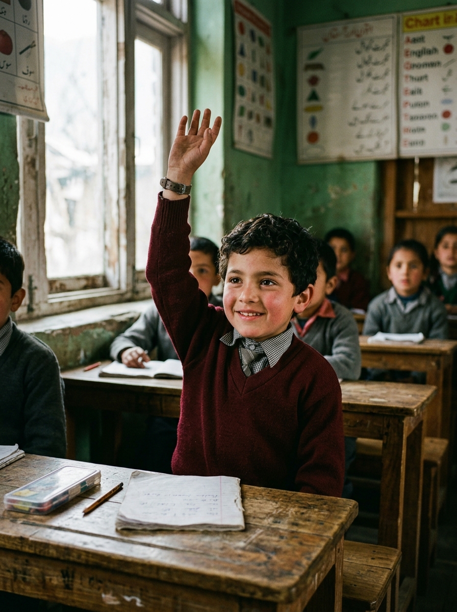 Indian Kashmiri schoolboy smiling and raising hand in classroom