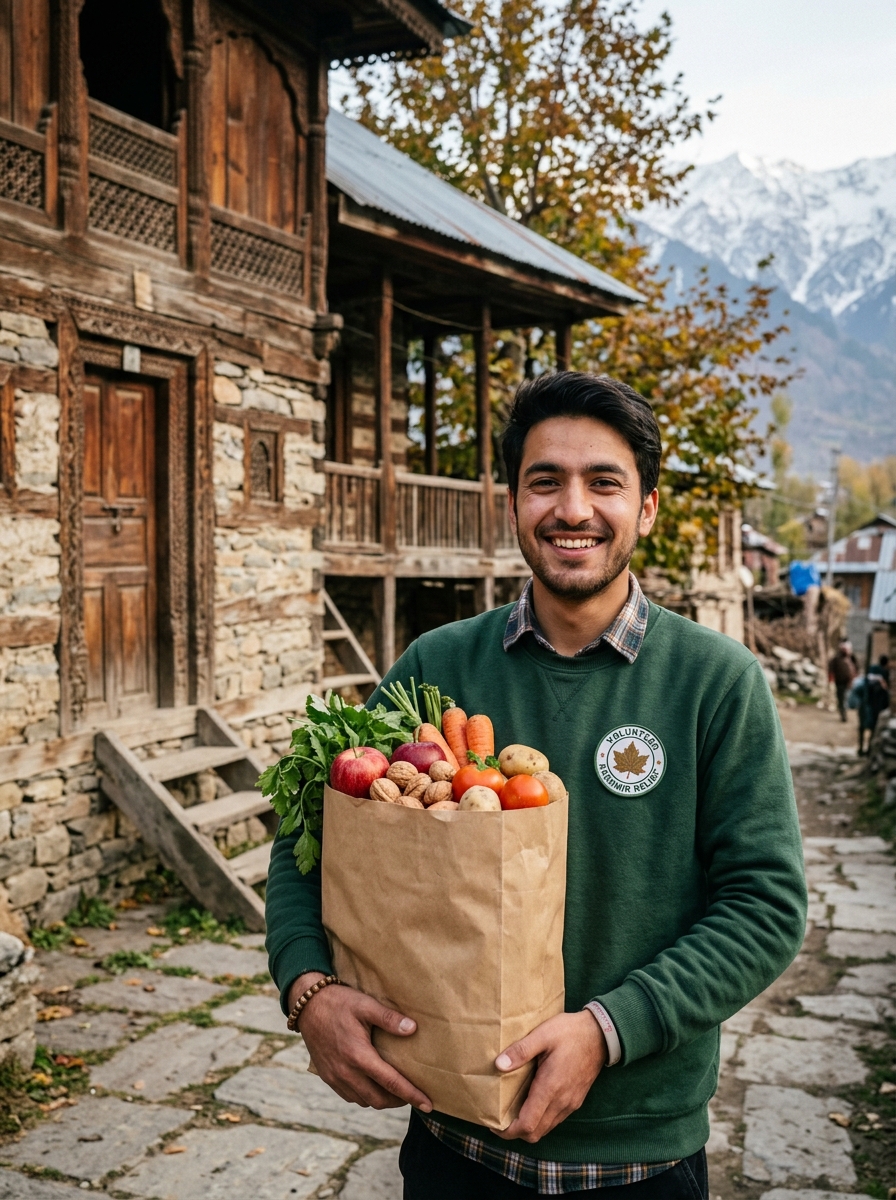 Smiling Kashmiri volunteer holding fresh food grocery donation bag